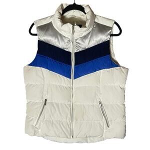 Lands’ End Down Puffer Vest White Blue Chevron Colorblock Size M